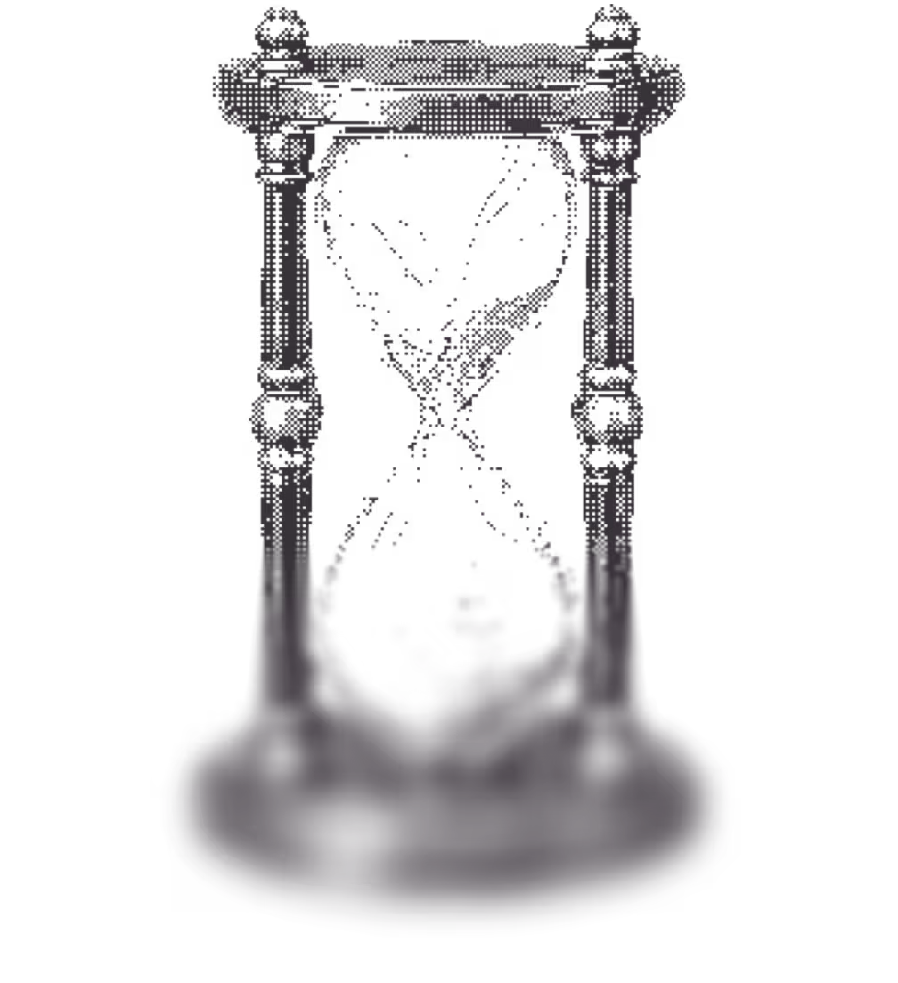 Black silhouette of an hourglass inside an ornate stand with decorative gears on the sides.