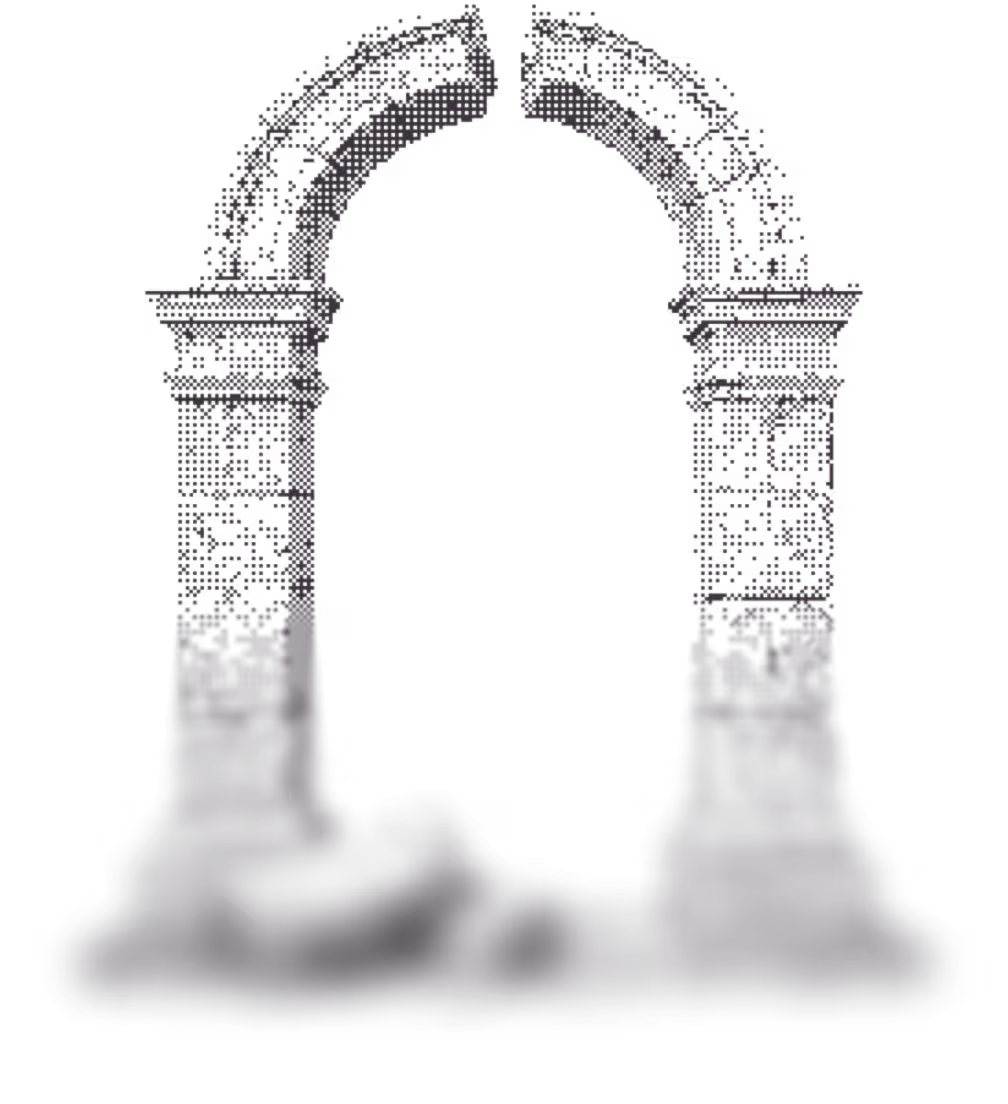 Silhouette of an old stone archway with crumbling bases on a plain background.