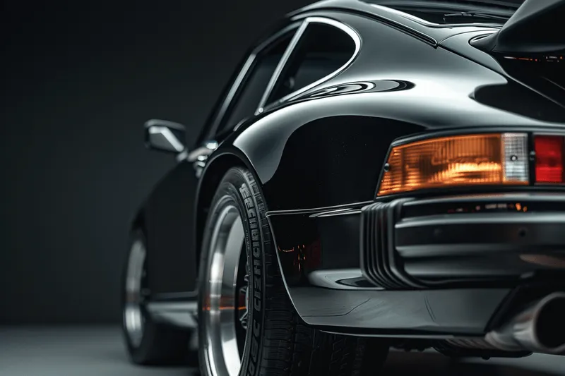 Close-up of the rear side of a shiny black vintage sports car with sleek curves and tail light.