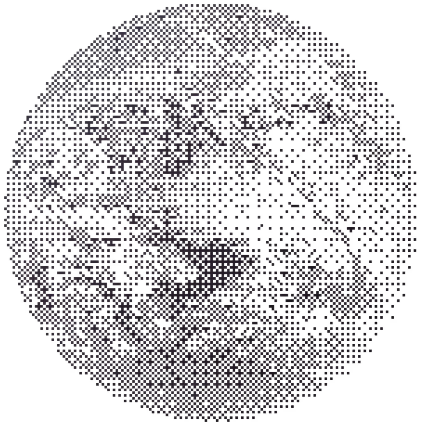 Black circular pattern made of tightly packed small squares forming an abstract globe.